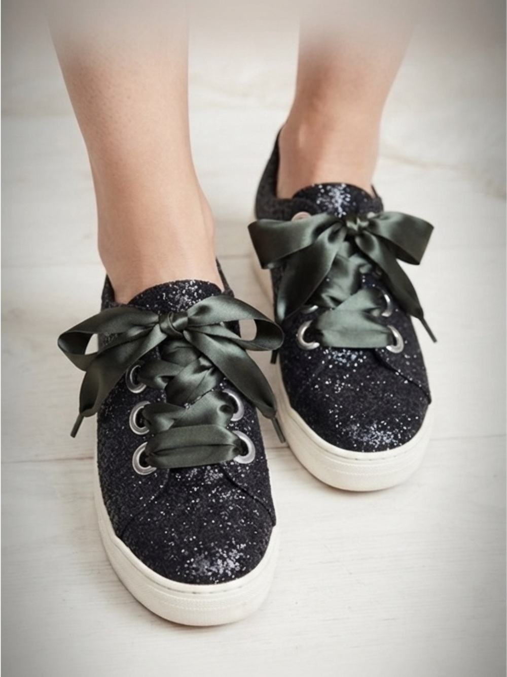 Northstar Black Glitter Platform Sneakers Satin Ribbon Laces